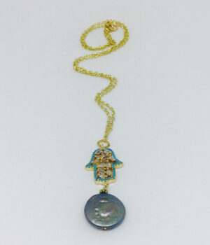 Crystal Hamsa & Button Pearl Necklace - ByLaShanJewelry.com
