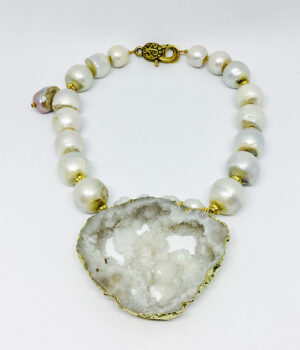 Large White Biwa Pearl With Druzzi Crystal Pendant Necklace - ByLaShanJewelry.com
